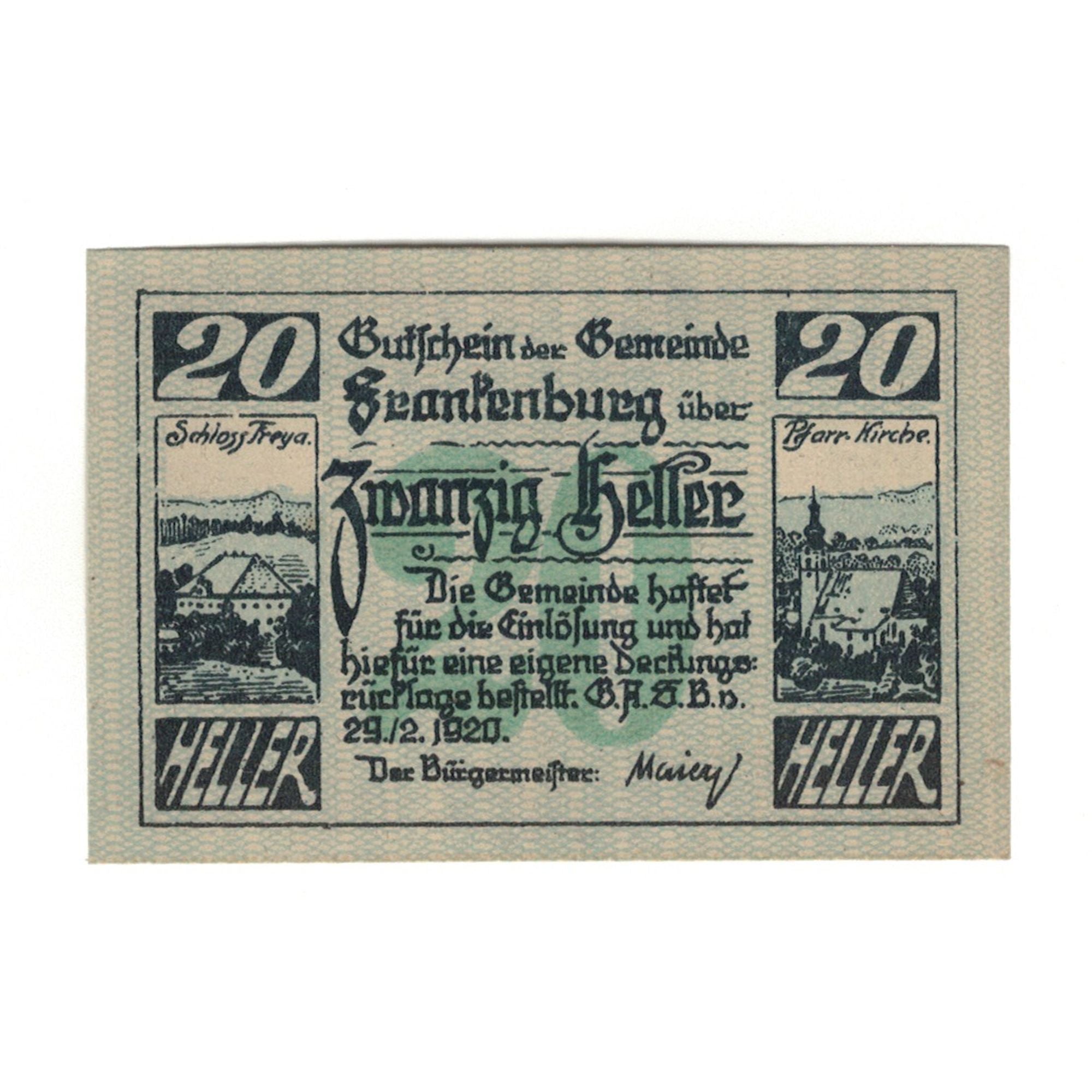 Banknote, Austria, Frankenburg O.Ö. Gemeinde, 20 Heller, village, 1920