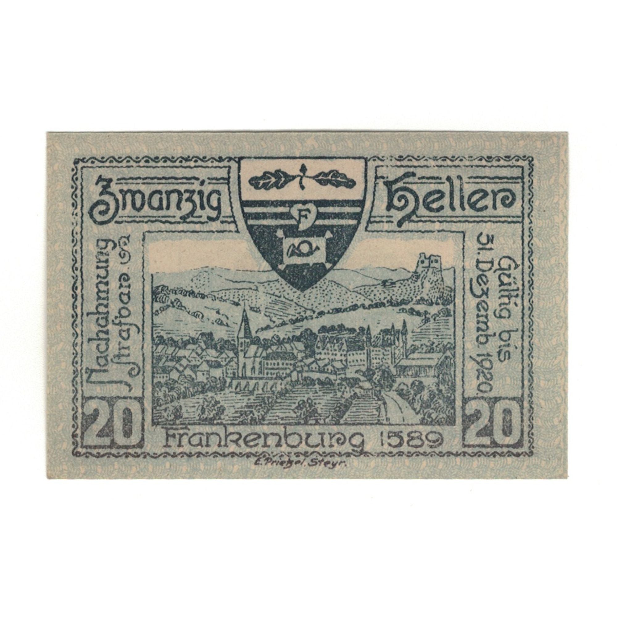 Banknote, Austria, Frankenburg O.Ö. Gemeinde, 20 Heller, village, 1920