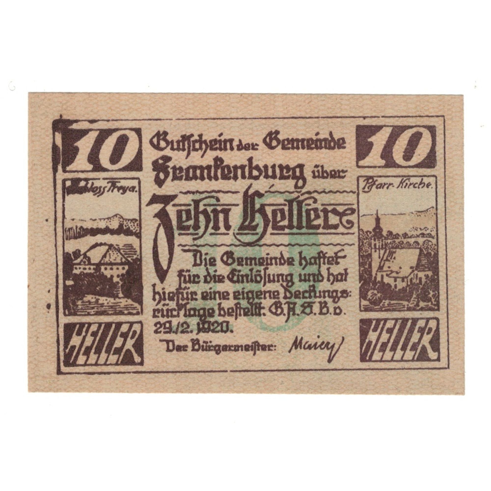 Banknote, Austria, Frankenburg O.Ö. Gemeinde, 10 Heller, village, 1920