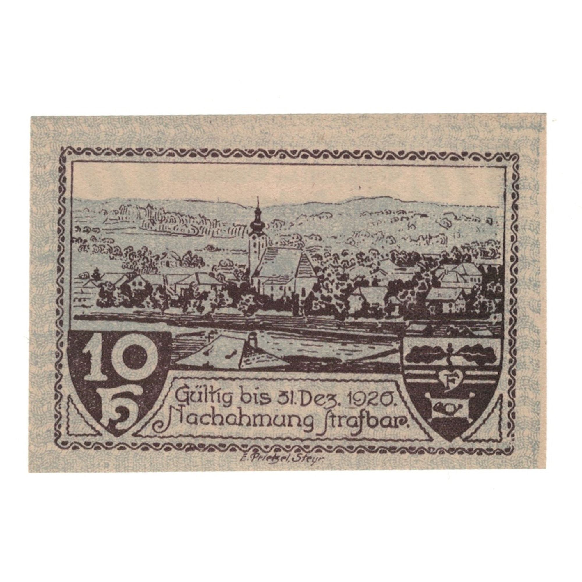 Banknote, Austria, Frankenburg O.Ö. Gemeinde, 10 Heller, village, 1920