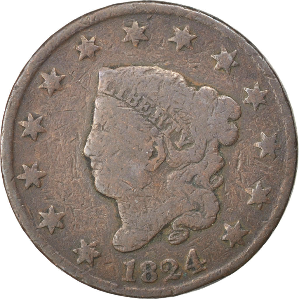 UNITED STATES, Coronet Cent, Cent, 1824, U.S. Mint, KM #45, VF(20-25), Copper,..