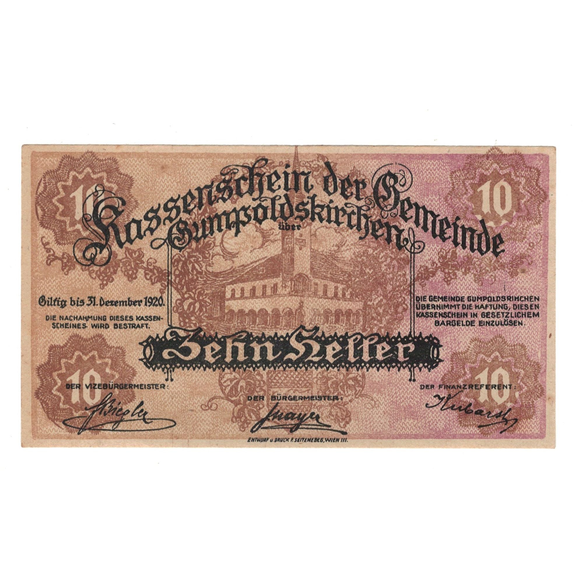 Banknote, Austria, Gumpoldskirchen N.Ö. Gemeinde, 10 Heller, Eglise, 1920