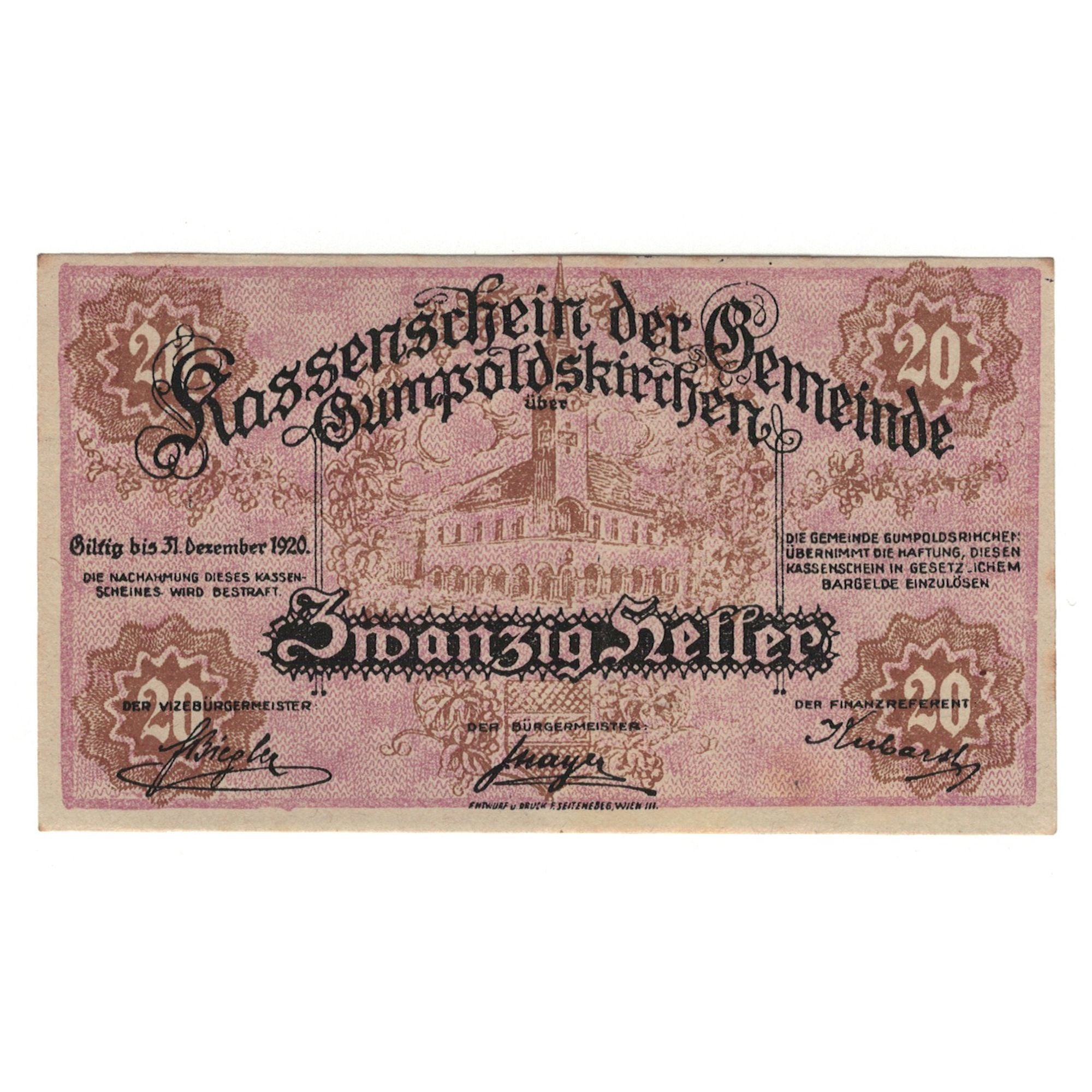 Banknote, Austria, Gumpoldskirchen N.Ö. Gemeinde, 20 Heller, Eglise, 1920