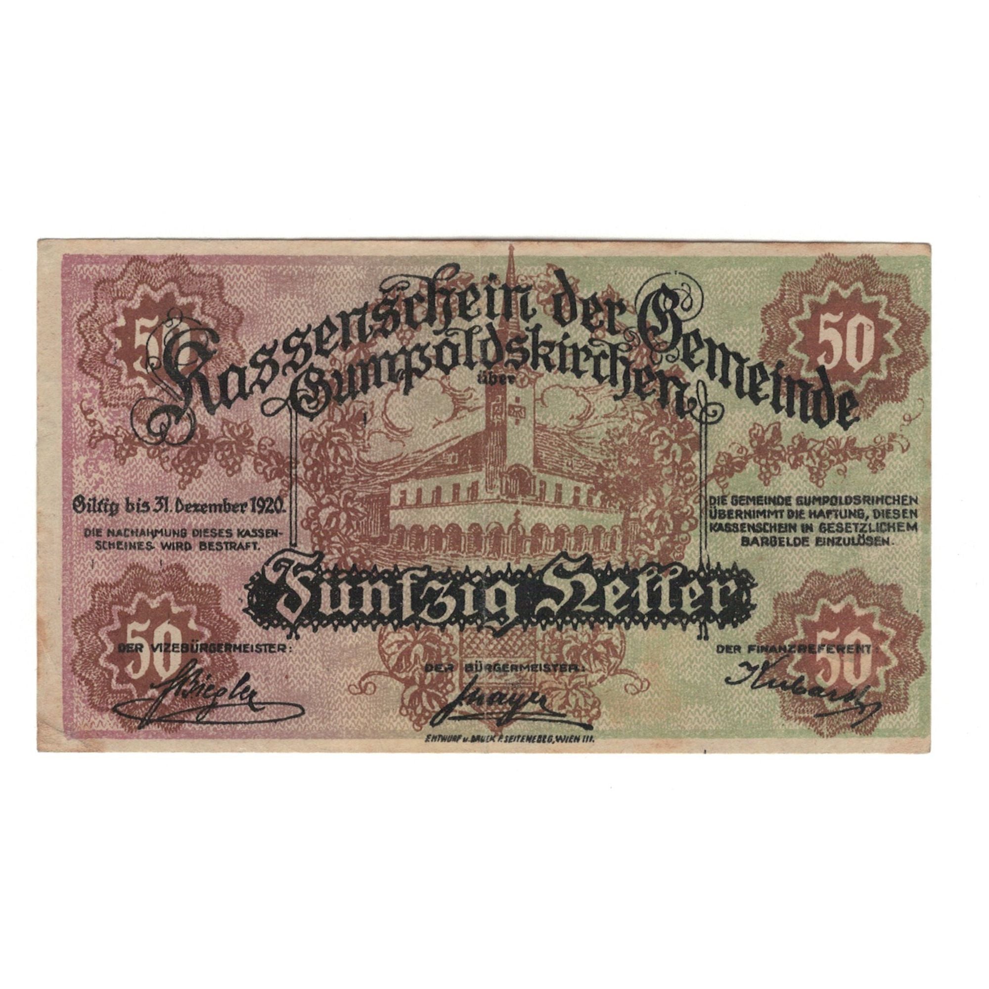 Banknote, Austria, Gumpoldskirchen N.Ö. Gemeinde, 50 Heller, Eglise, 1920
