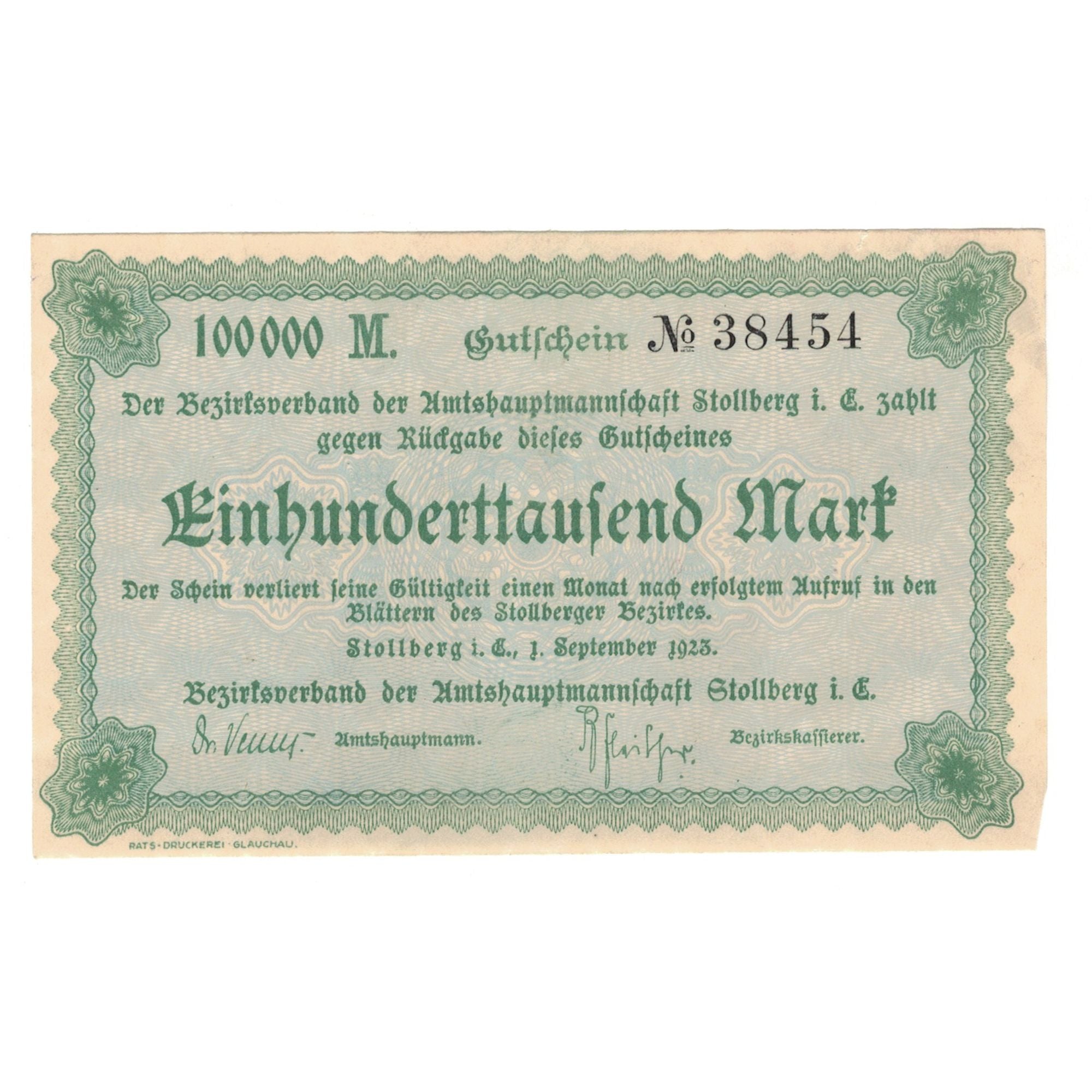 Banknote, Germany, Stollberg, 100000 Mark, Texte, 1923, 1923-09-01, AU(55-58)