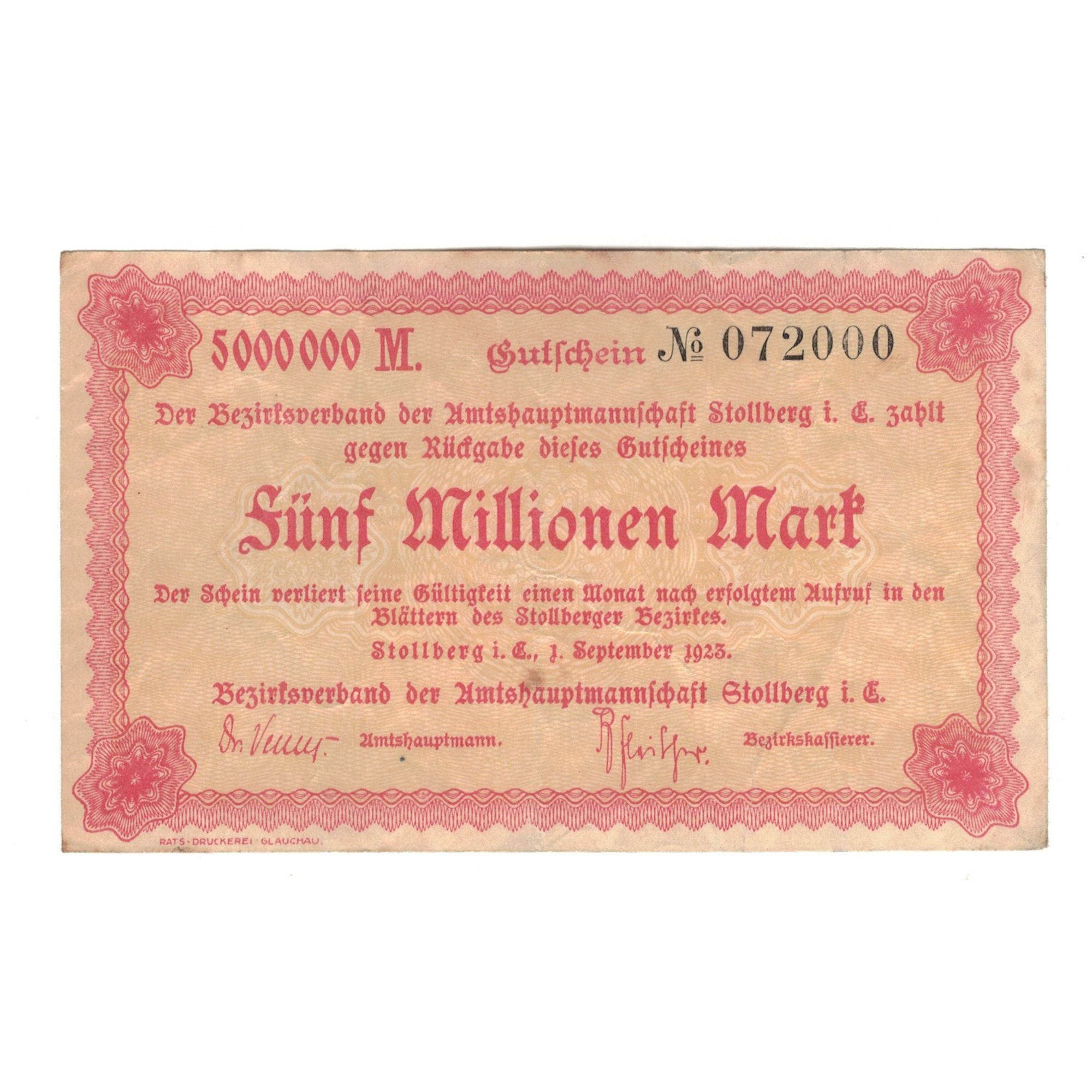 Banknote, Germany, Stollberg, 5000000 Mark, Texte, 1923, 1923-09-01, AU(55-58)