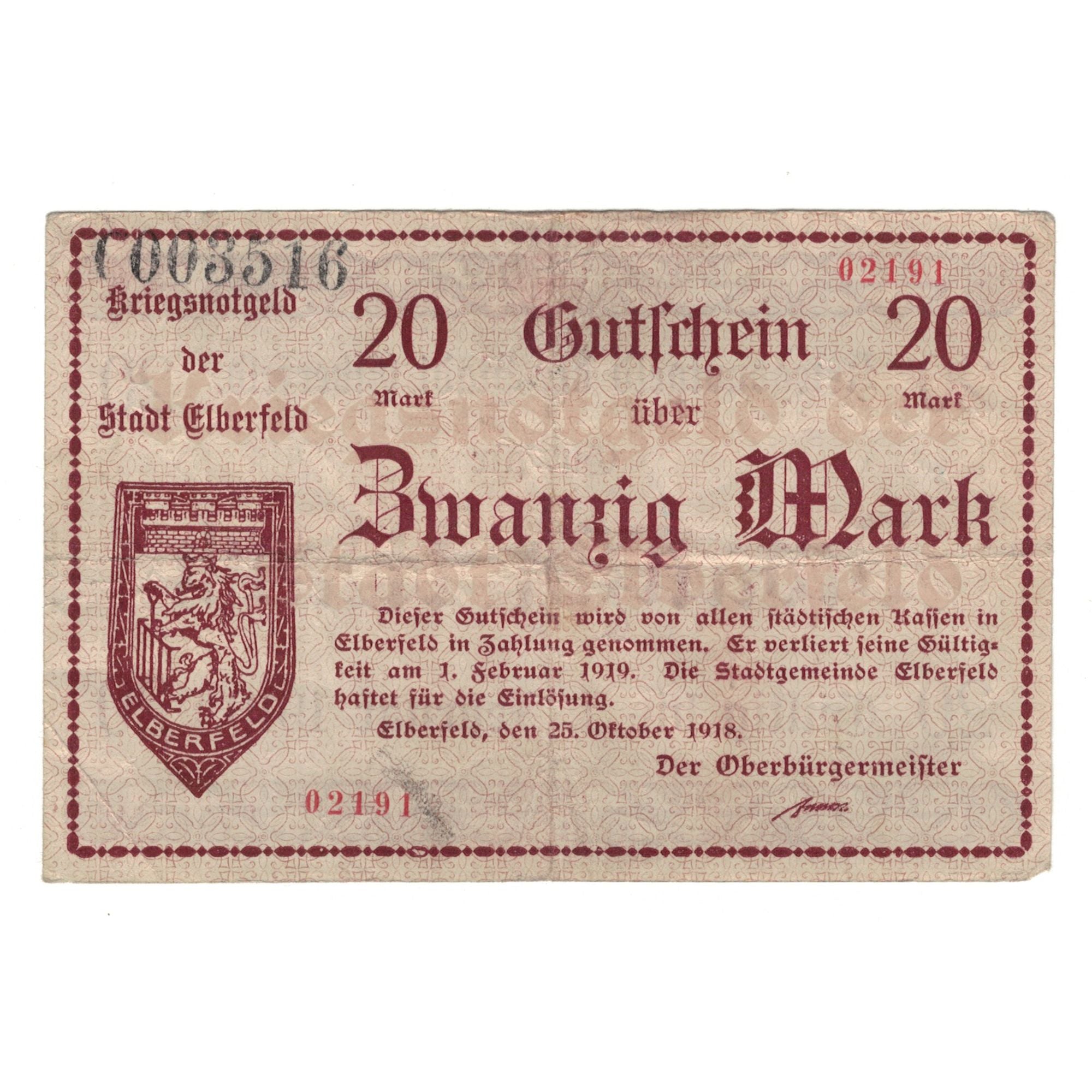 Banknote, Germany, Elberfeld Stadt, 20 Mark, Blason, 1918, 1919-02-01