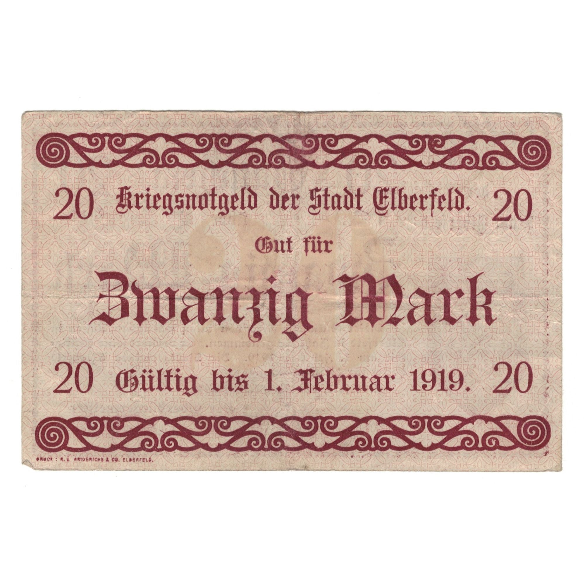 Banknote, Germany, Elberfeld Stadt, 20 Mark, Blason, 1918, 1919-02-01