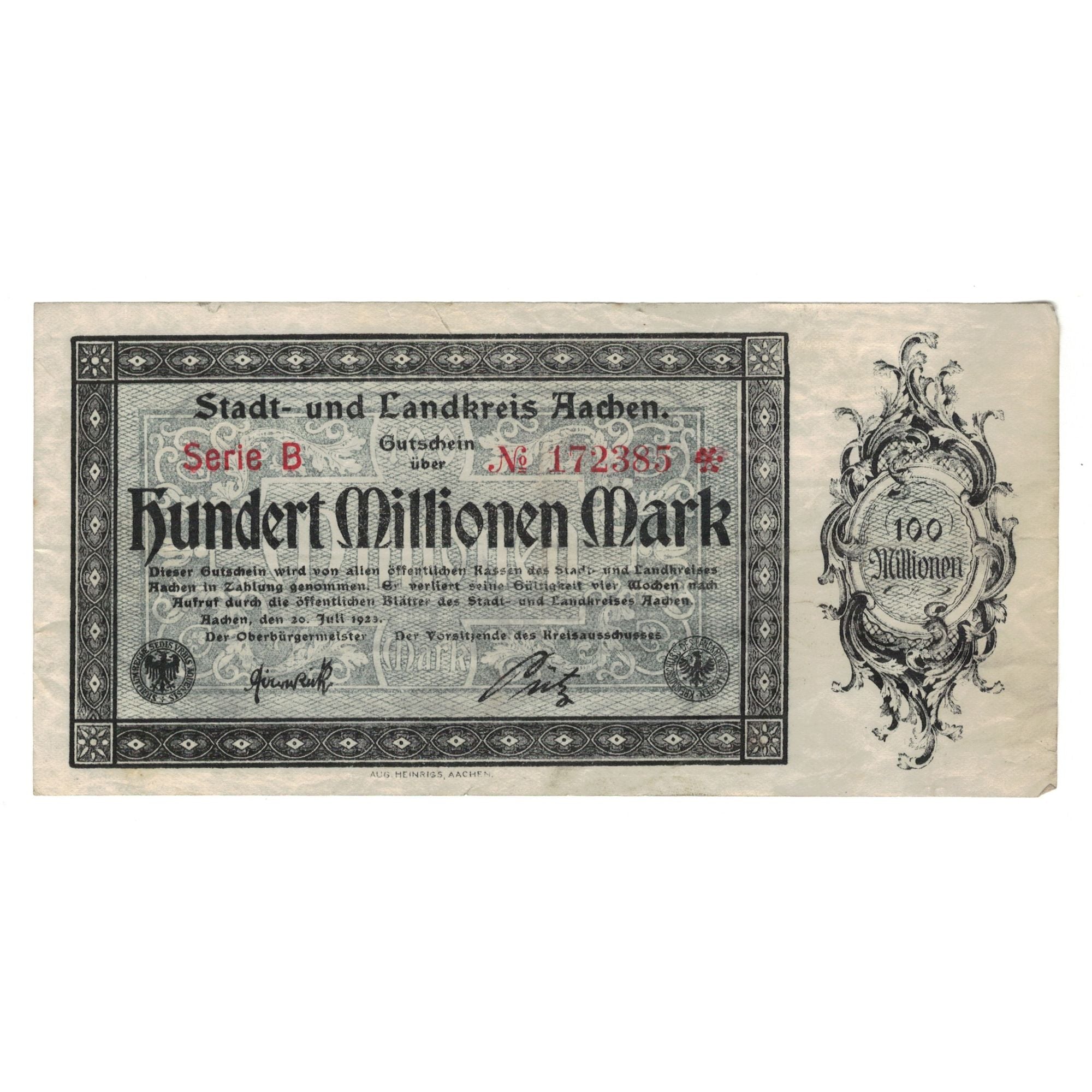Biljet, Duitsland, Aachen Stadt und Landkreis, 100 Millionen Mark, Texte, 1923