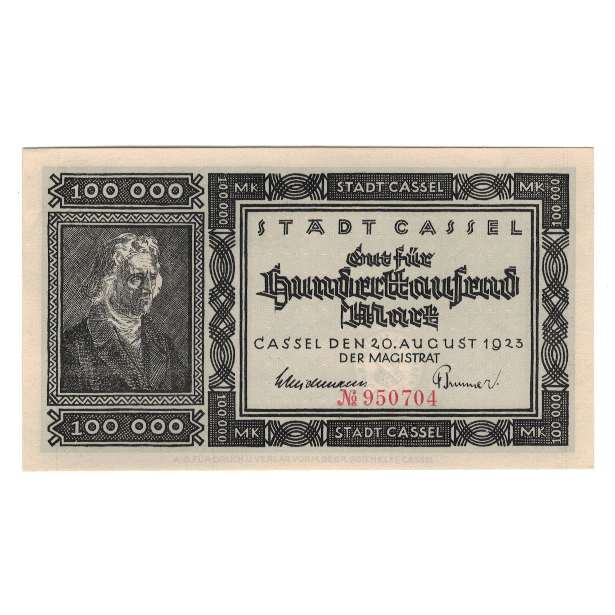 Billet, Allemagne, Cassel Stadt, 100000 Mark, personnage, 1923, 1923-08-20, SUP