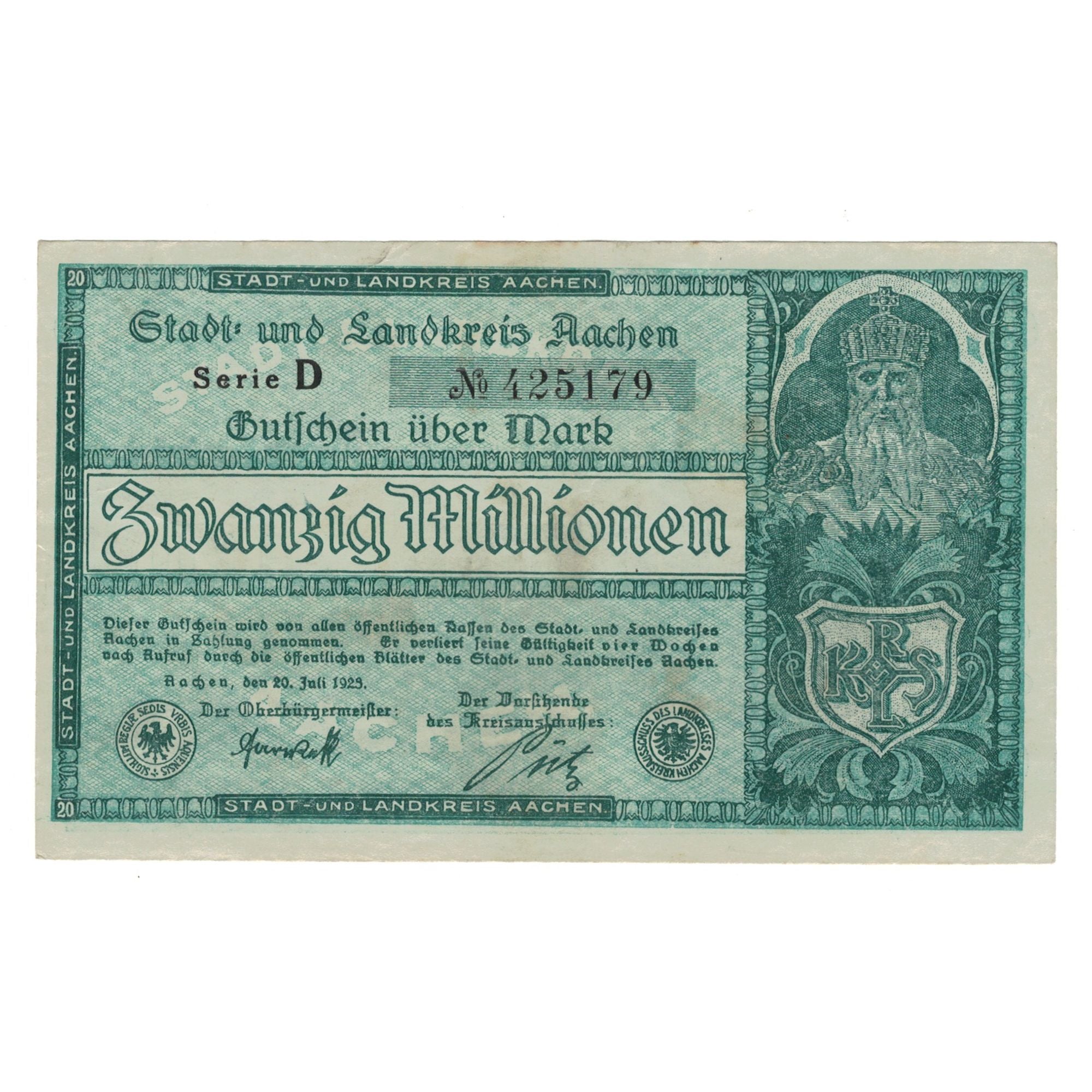 Billet, Allemagne, Aachen Stadt und Landkreis, 20 Millionen Mark, personnage