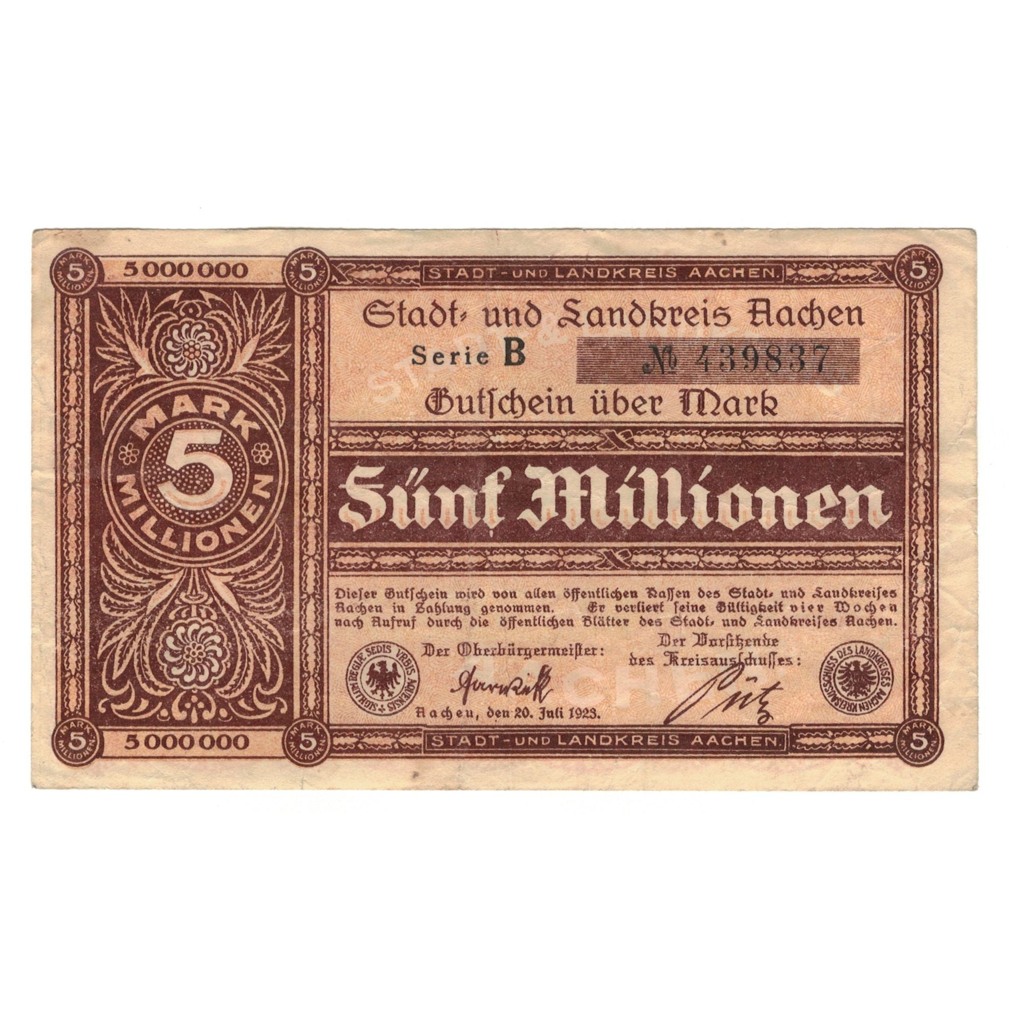 Banknote, Germany, Aachen Stadt und Landkreis, 5 Millionen Mark, Texte, 1923
