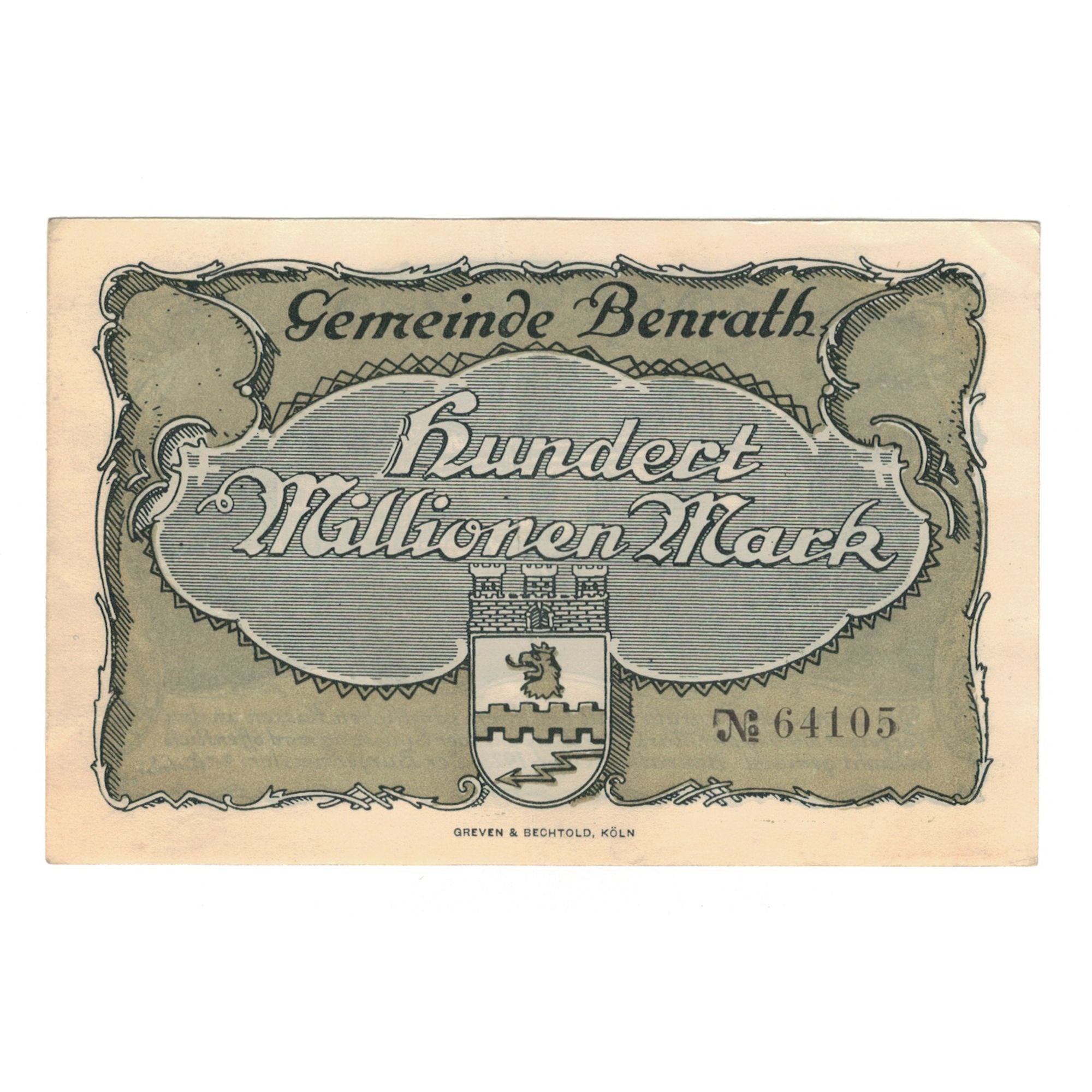 Biljet, Duitsland, Benrath Gemeinde, 100 Millionen Mark, Batiment, 1923