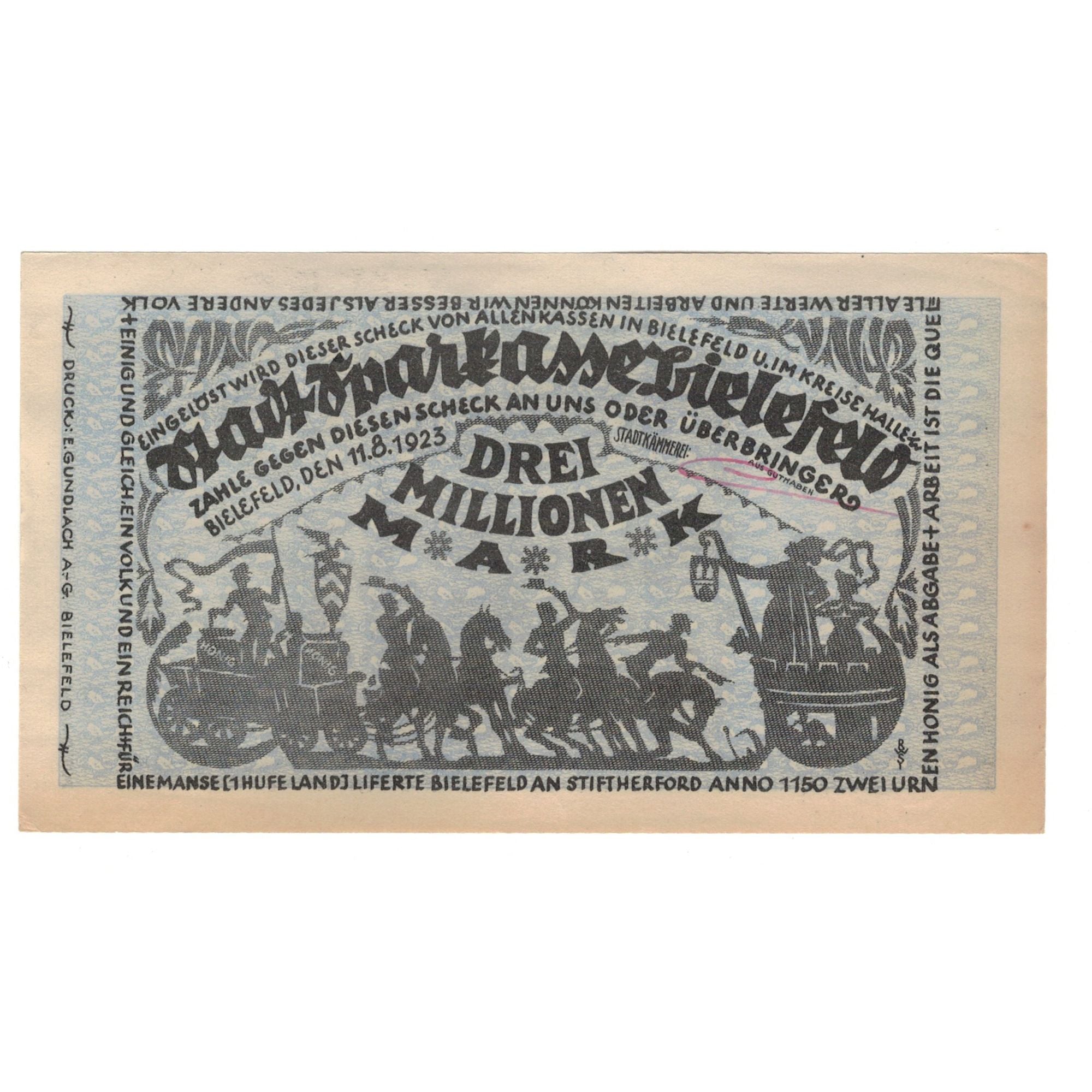 Banknote, Germany, Bielefeld Stadt, 3 Millionen Mark, personnage, 1923