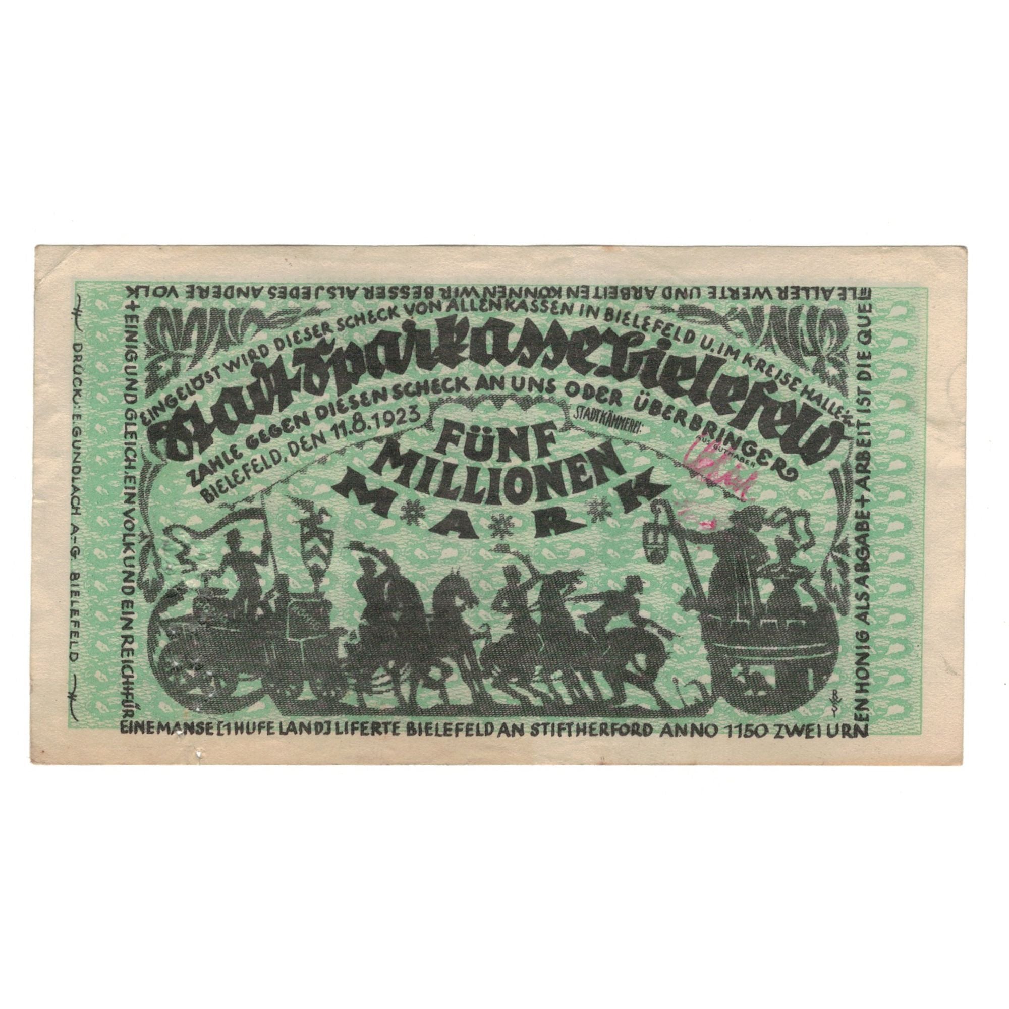 Banknote, Germany, Bielefeld Stadt, 5 Millionen Mark, personnage, 1923