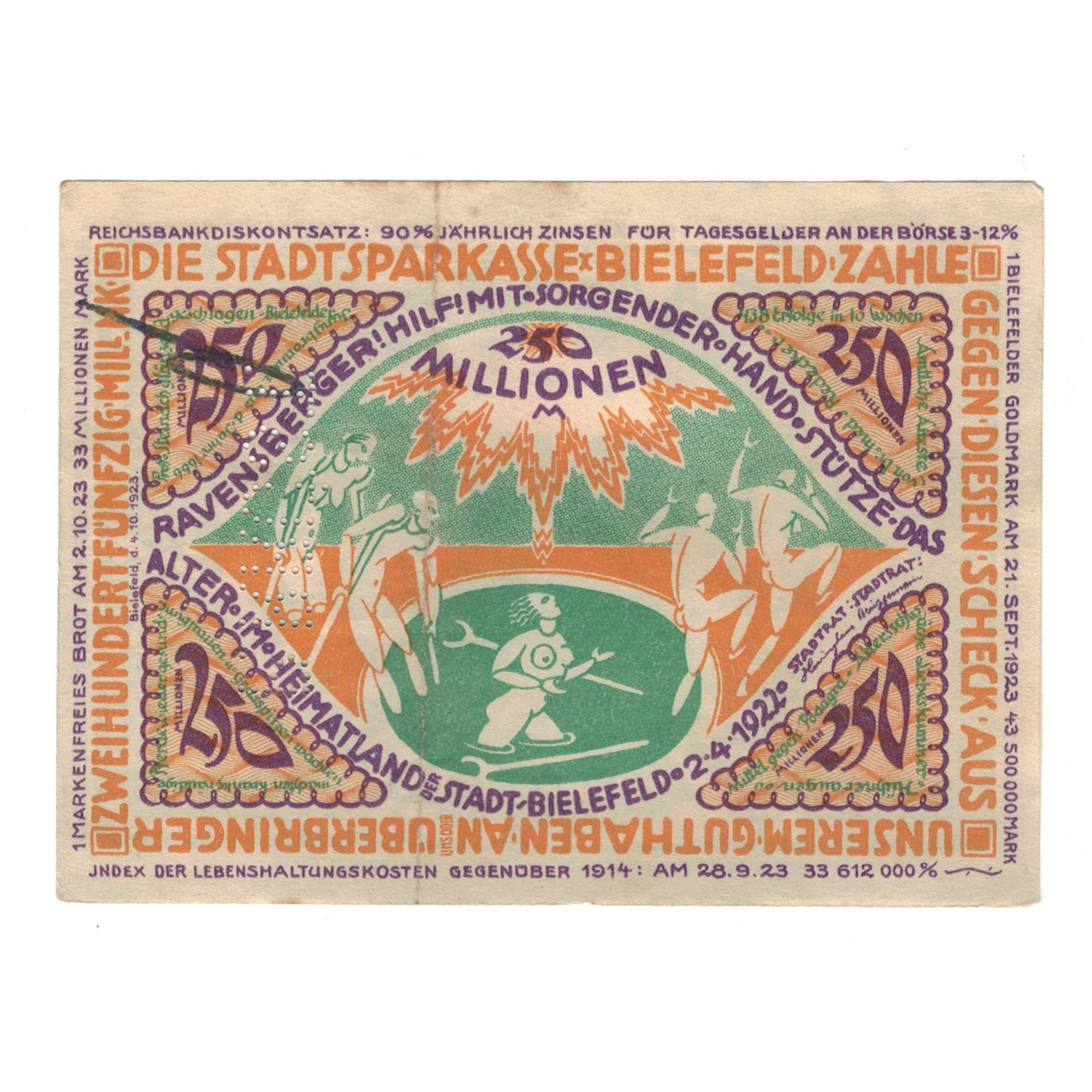 Banknote, Germany, Bielefeld Stadt, 250 Millionen Mark, personnage, 1922
