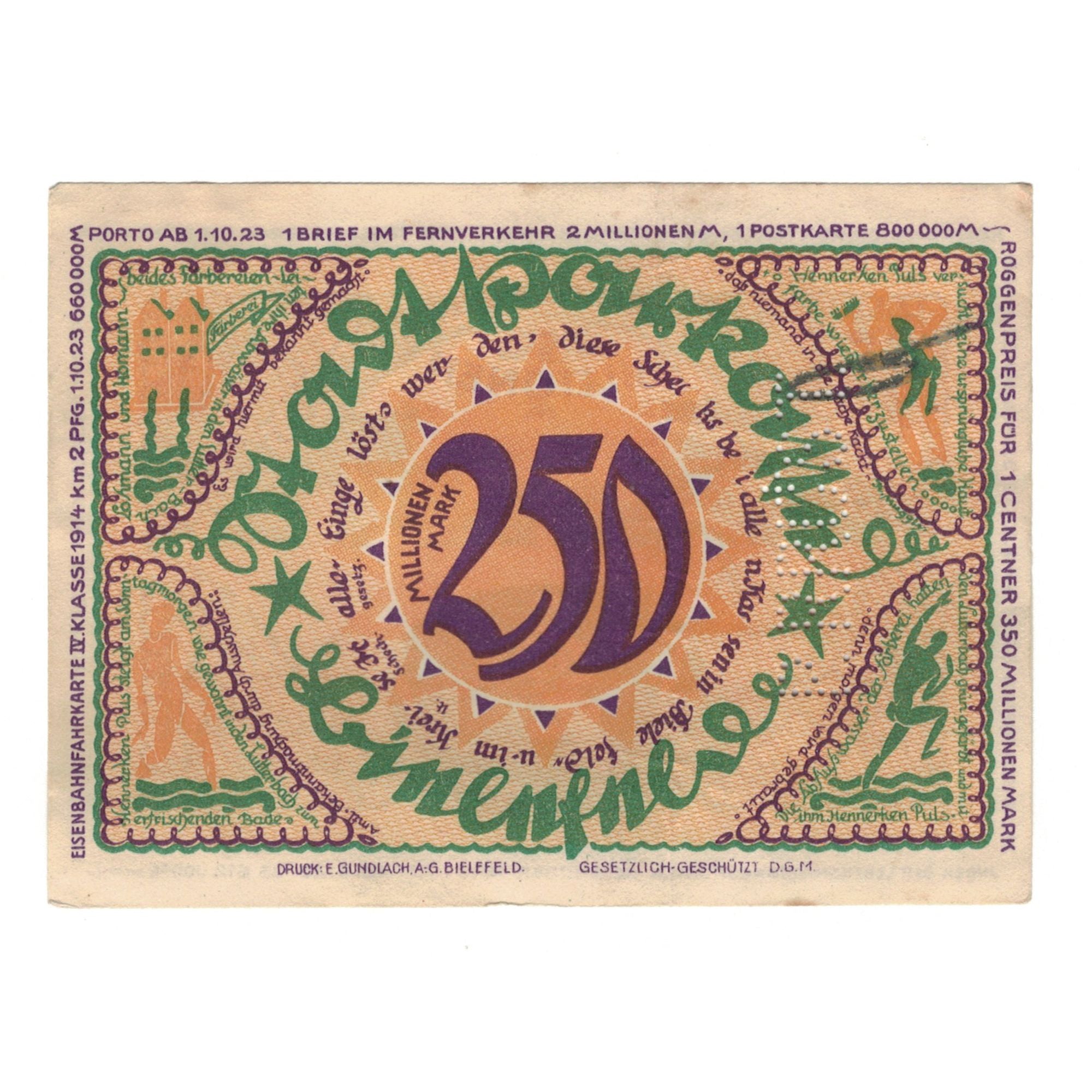 Banknote, Germany, Bielefeld Stadt, 250 Millionen Mark, personnage, 1922