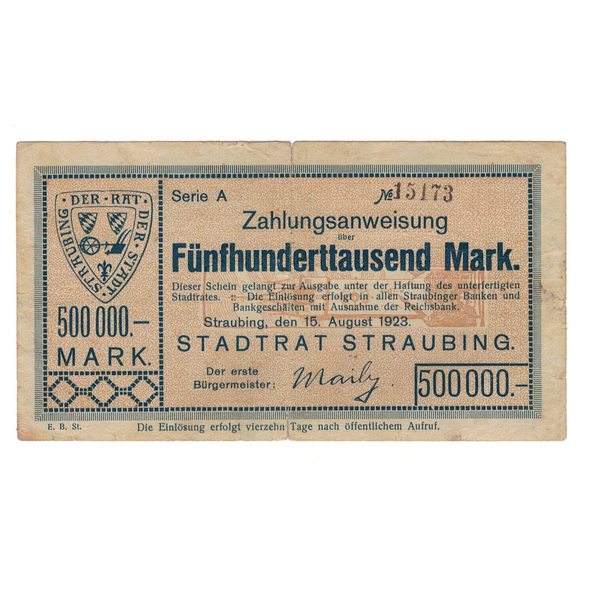 Banknote, Germany, Straubing Stadtrat, 500000 Mark, Texte, 1923, 1923-08-15