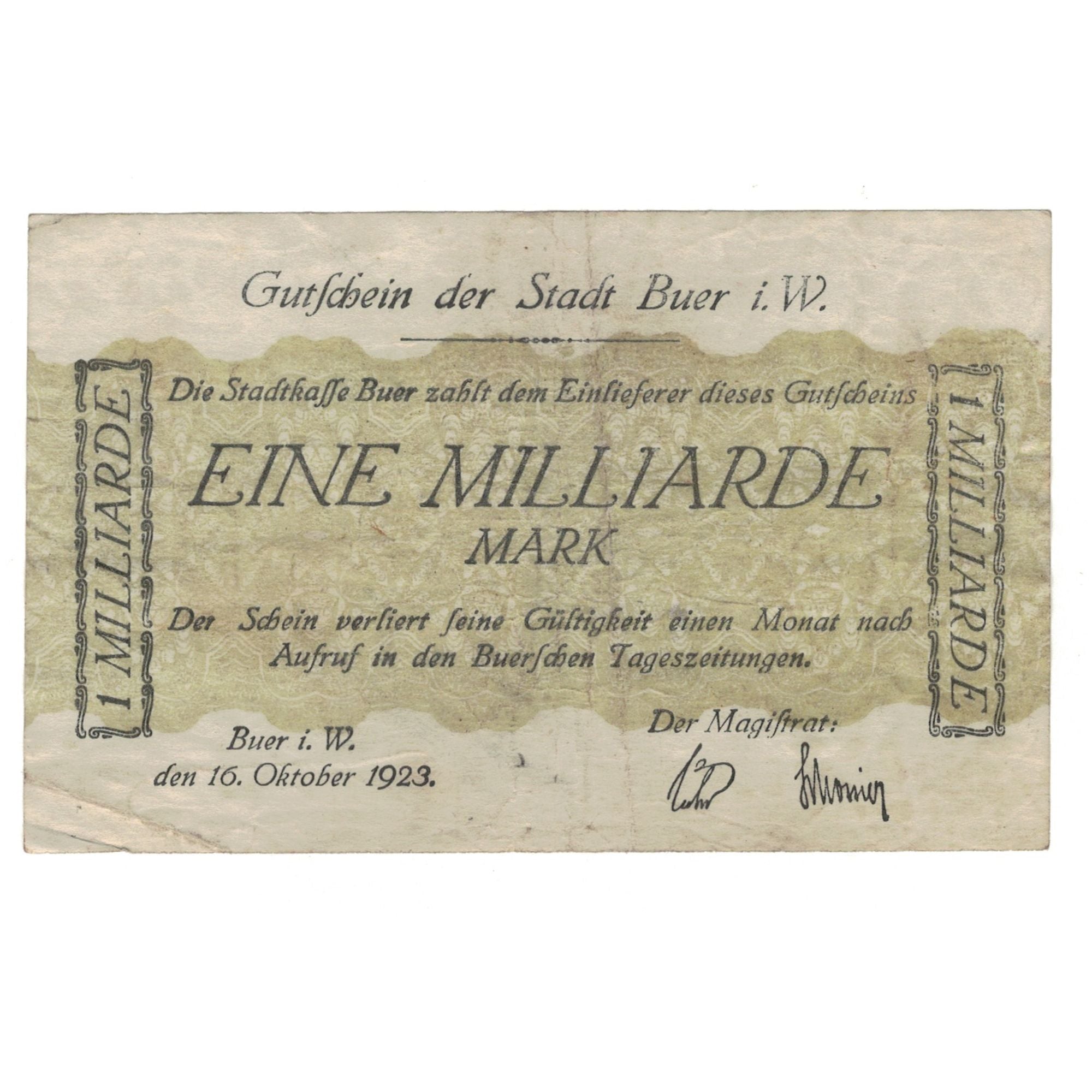 Banknote, Germany, Buer Stadt, 1 Milliarde Mark, Texte, 1923, 1923-10-16