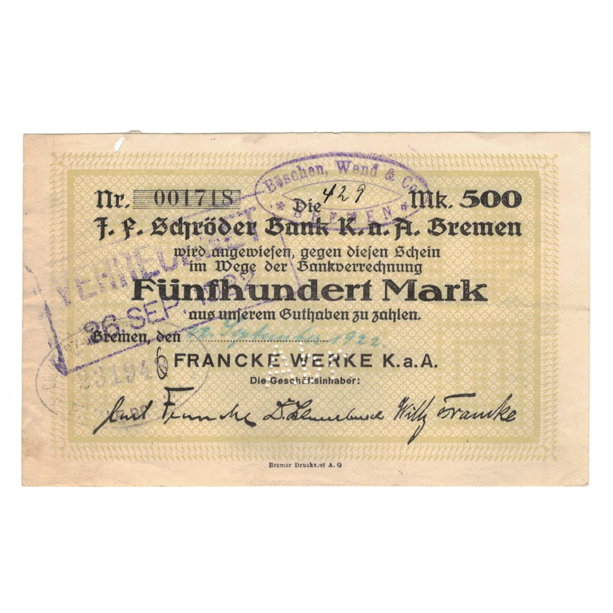 Banknote, Germany, Bremen, 500 Mark, Texte, 1923, 1923-08-16, AU(55-58)