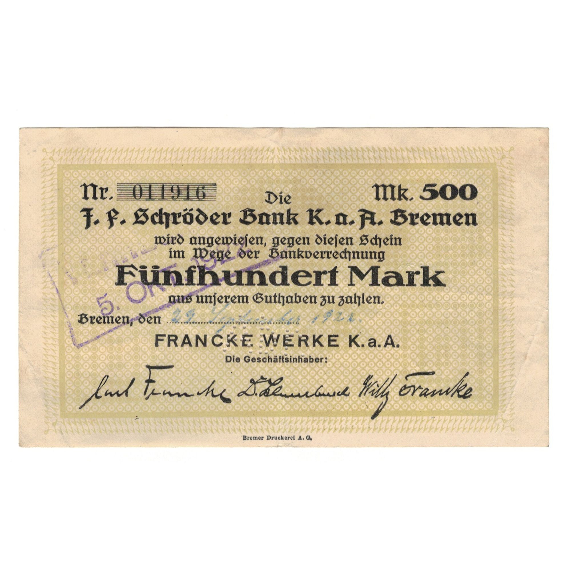 Banknote, Germany, Bremen, 500 Mark, Texte, 1923, 1923-08-16, AU(55-58)