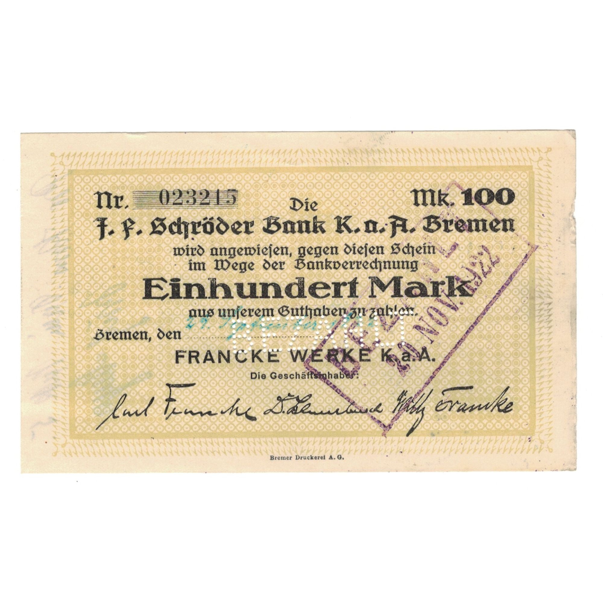 Banknote, Germany, Bremen, 100 Mark, Texte, 1923, 1923-08-16, AU(55-58)