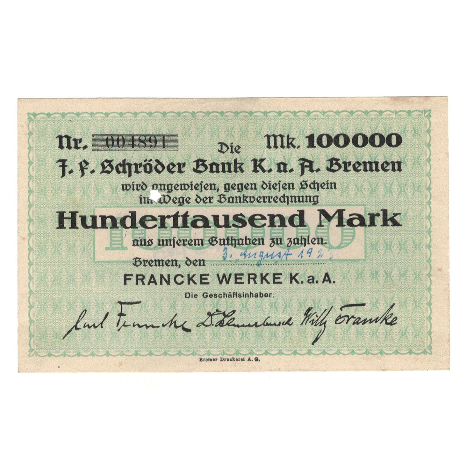 Banconote, Germania, Bremen, 100000 Mark, Texte, 1923, 1923-08-16, SPL-