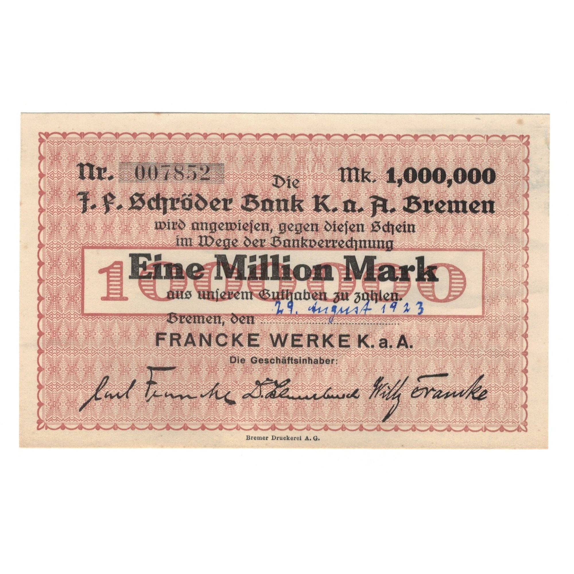 Banknote, Germany, Bremen, 1 Million Mark, Texte, 1923, 1923-08-16, AU(55-58)