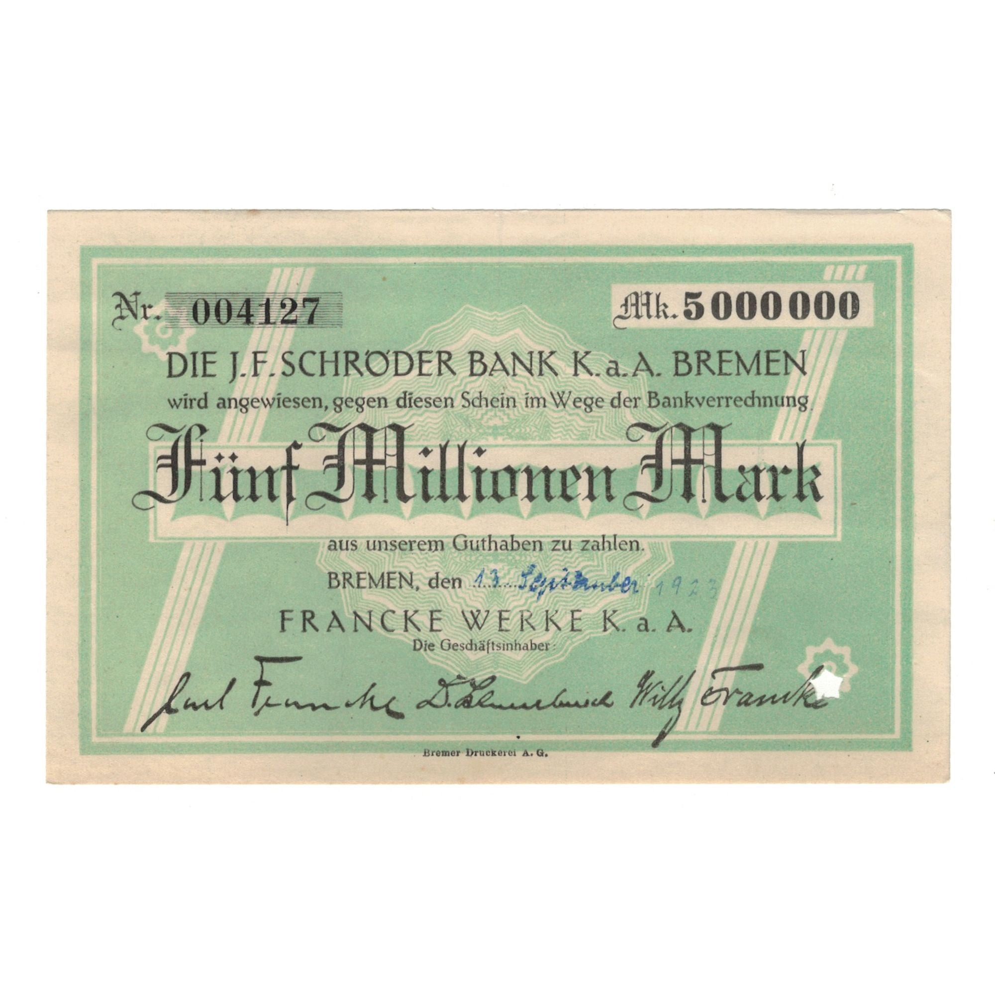 Banknote, Germany, Bremen, 5 Millions Mark, Texte, 1923, 1923-08-16, AU(55-58)