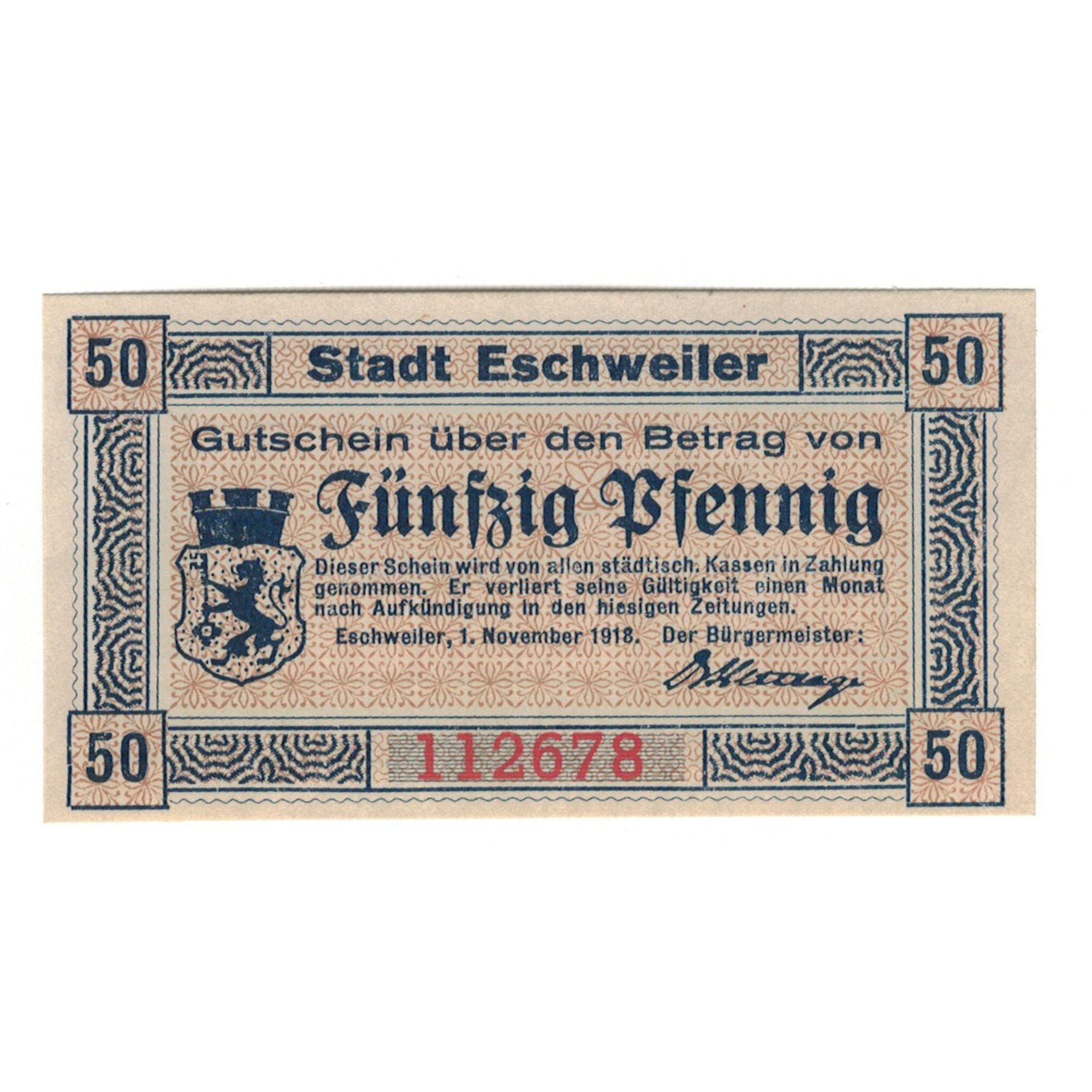 Banknote, Germany, Eschweiler Stadt, 50 Pfennig, Texte, 1918, 1918-11-01