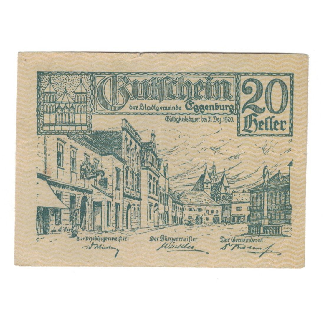 Banknote, Austria, Eggenburg N.Ö. Stadtgemeinde, 20 Heller, village, 1920