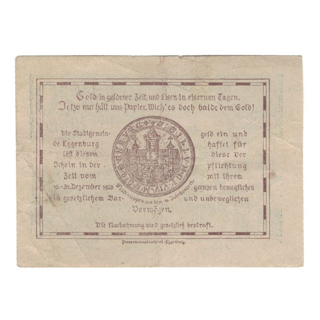 Banknote, Austria, Eggenburg N.Ö. Stadtgemeinde, 20 Heller, village, 1920