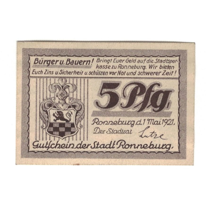 Banknote, Germany, Ronneburg Stadt, 5 Pfennig, Batiment, 1921, 1921-05-01