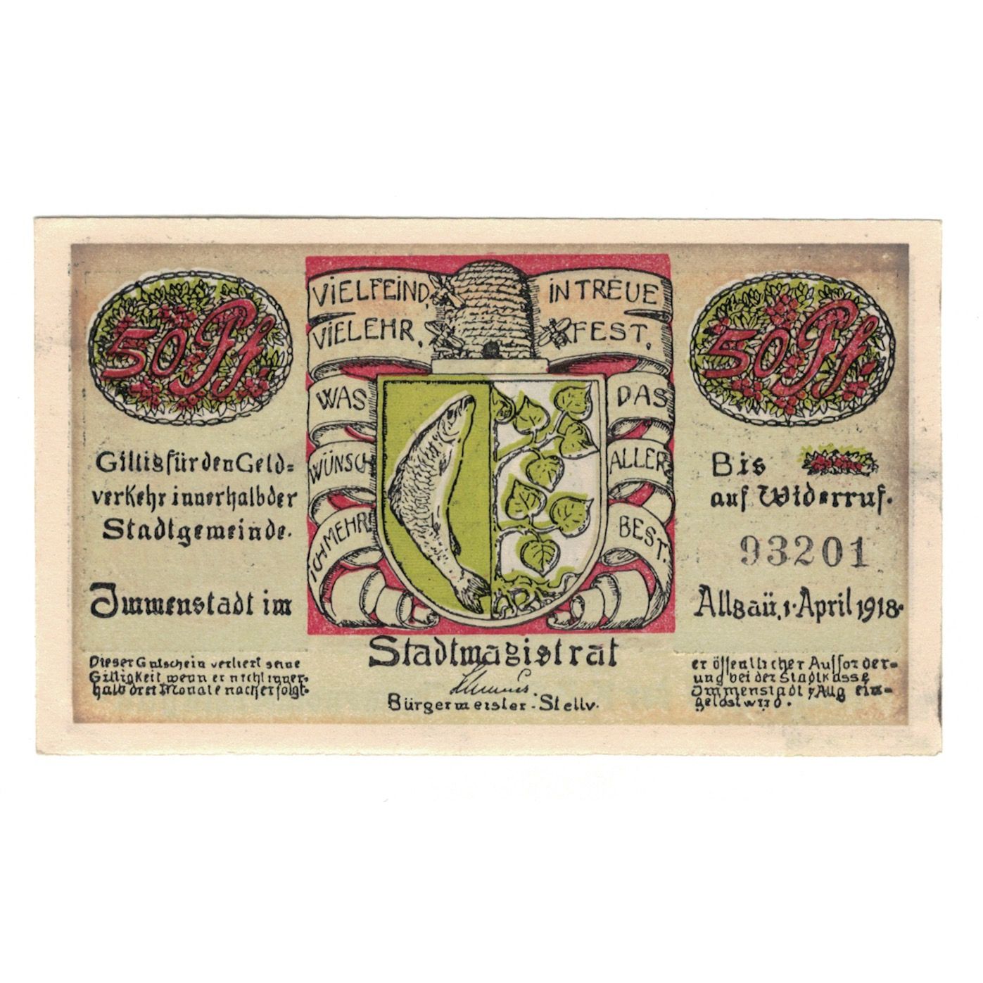 Banconote, Germania, Immenstadt i. Allgäu Stadt, 50 Pfennig, personnage, 1918