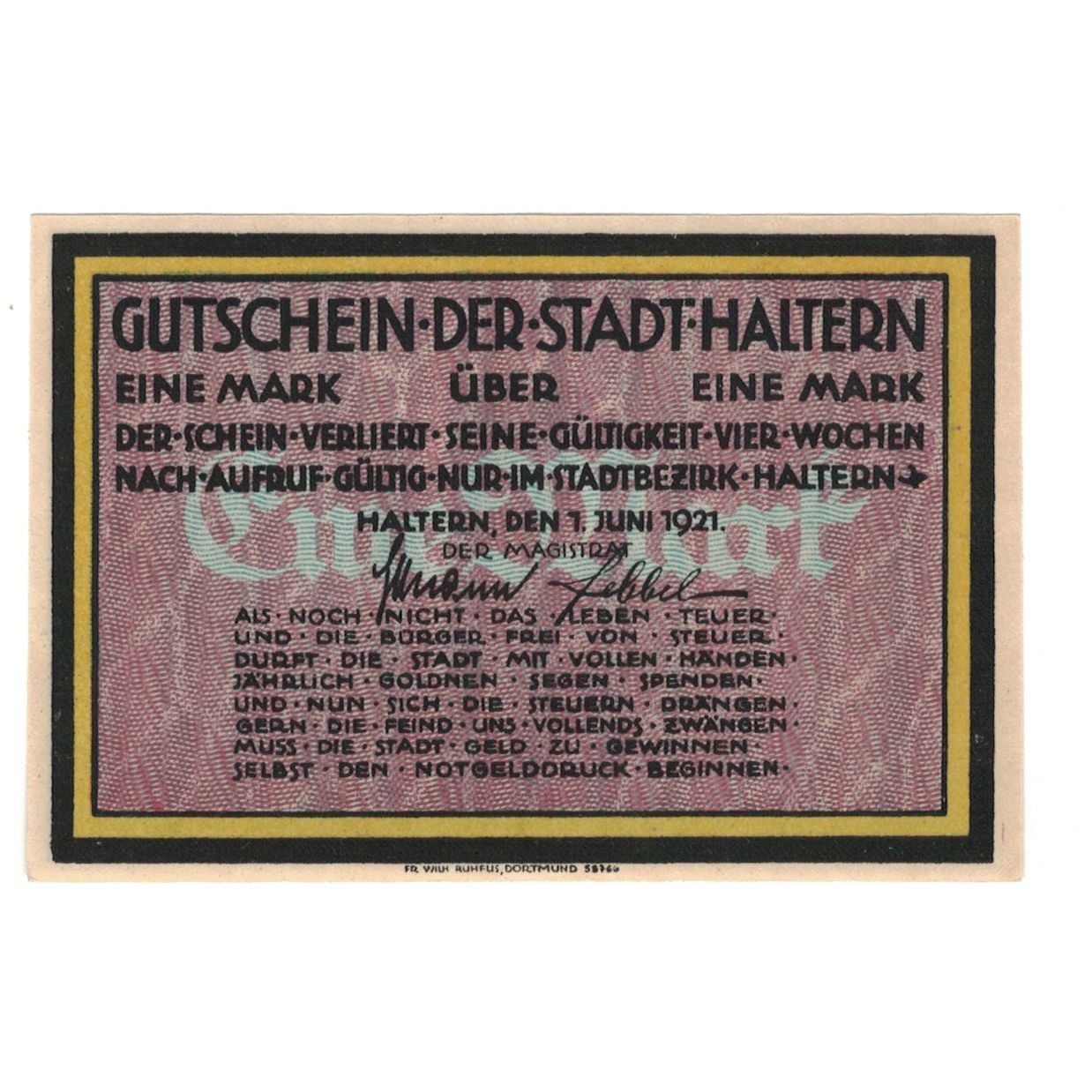 Banknote, Germany, Haltern Stadt, 1 Mark, rue, 1921, 1921-06-01, AU(55-58)