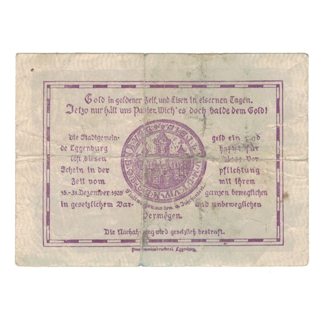 Banknote, Austria, Eggenburg N.Ö. Stadtgemeinde, 50 Heller, ville fortifiée