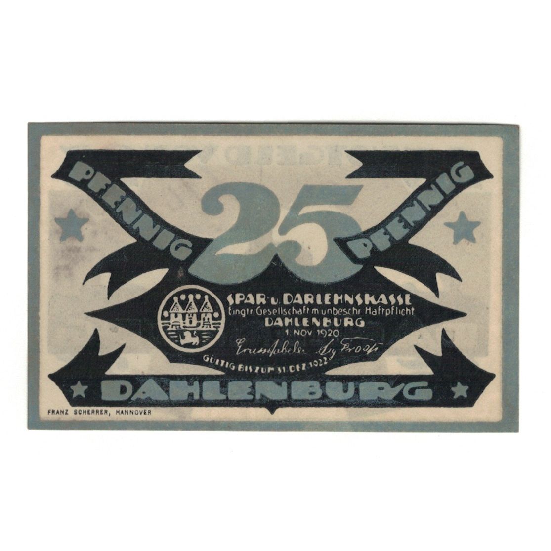 Banknote, Germany, Dahlenburg Spar und Dahlehnskasse E.G.m.u.H., 25 Pfennig
