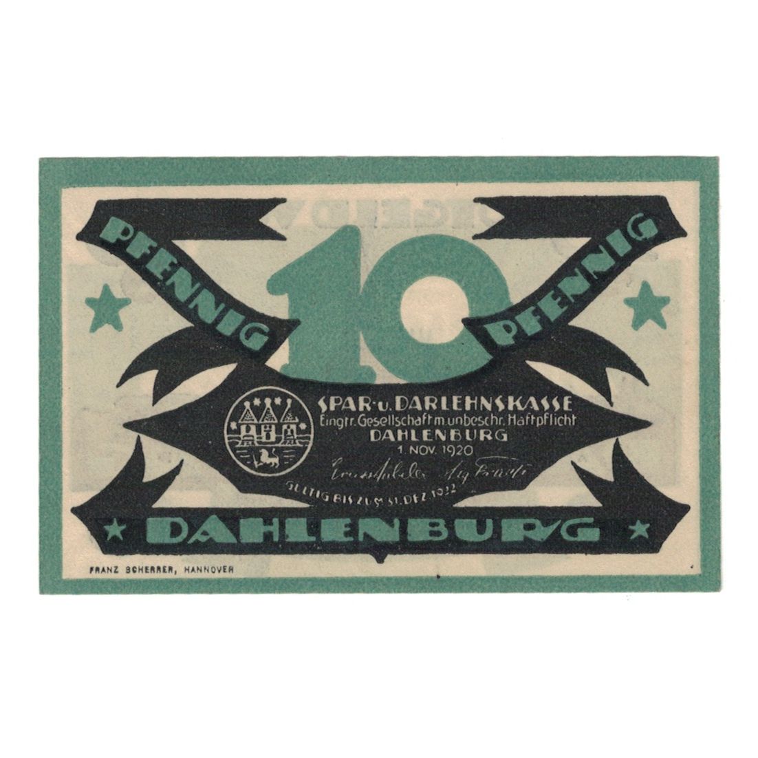 Banknote, Germany, Dahlenburg Spar und Dahlehnskasse E.G.m.u.H., 10 Pfennig