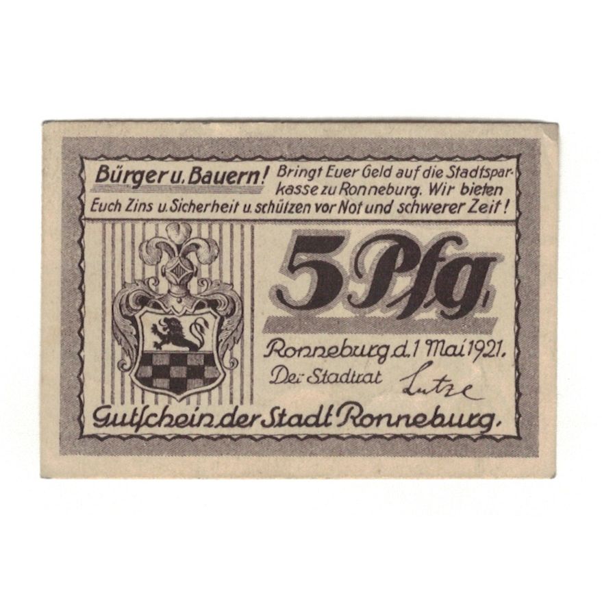 Billet, Allemagne, Ronneburg Stadt, 5 Pfennig, Monument, 1921, 1921-05-01, SUP