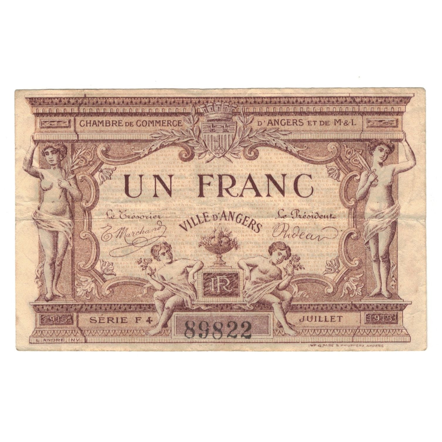 Frankrijk, Angers, 1 Franc, 1915, TTB+, Pirot:008.06