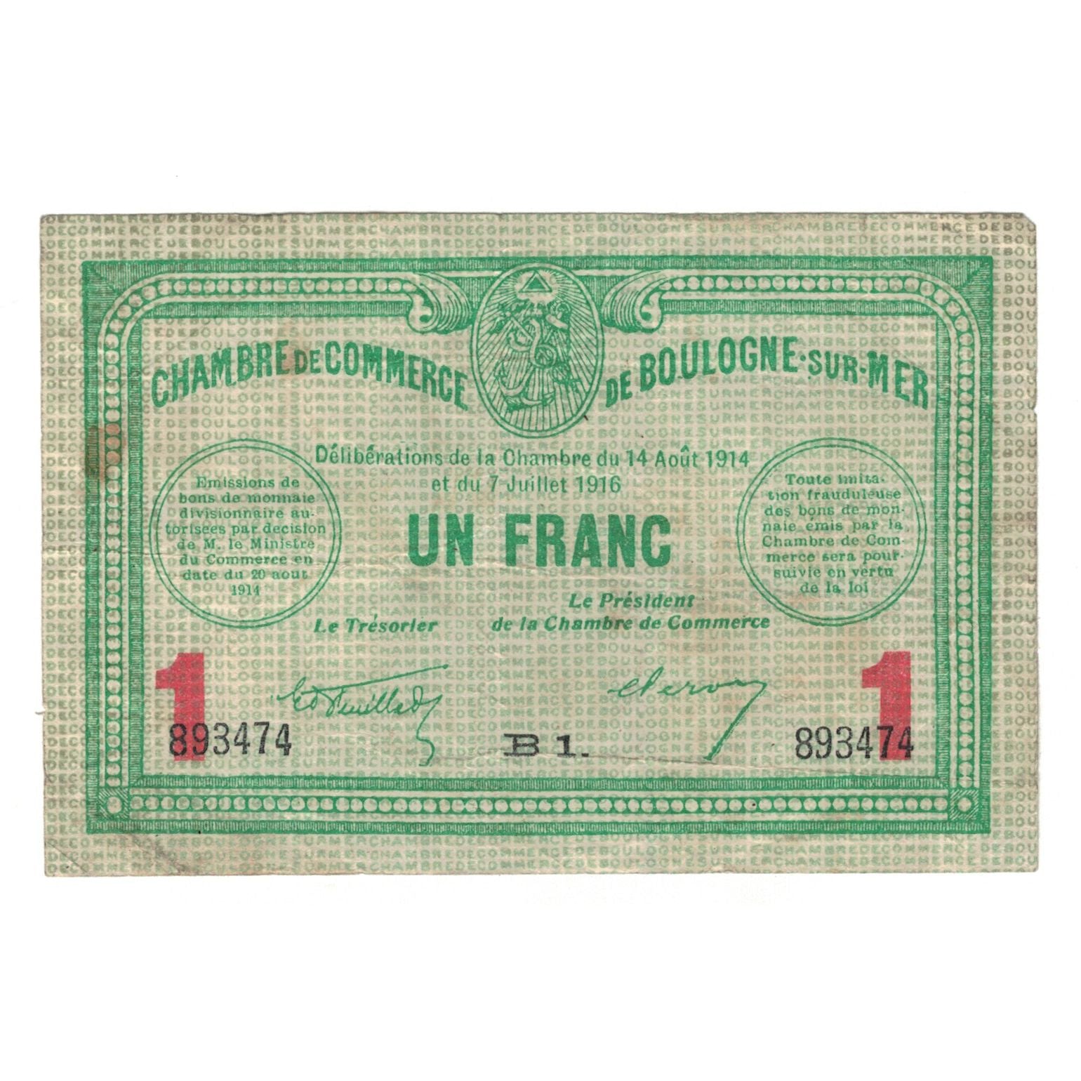 France, Boulogne-sur-Mer, 1 Franc, 1914, AU(55-58), Pirot:031.12