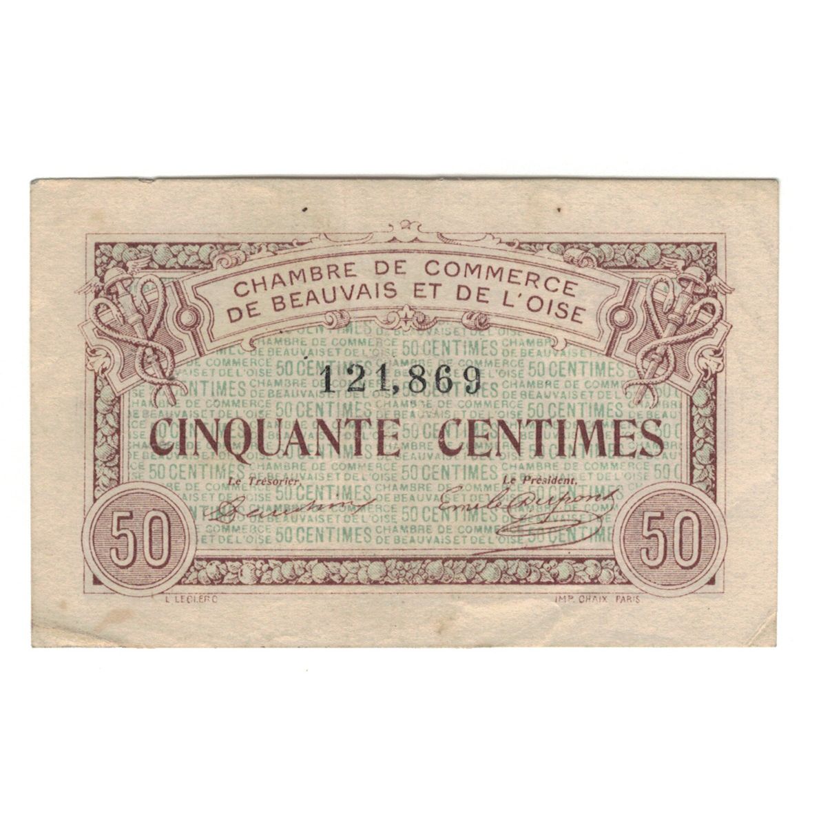 France, Beauvais, 50 Centimes, 1920, AU(55-58), Pirot:022.01