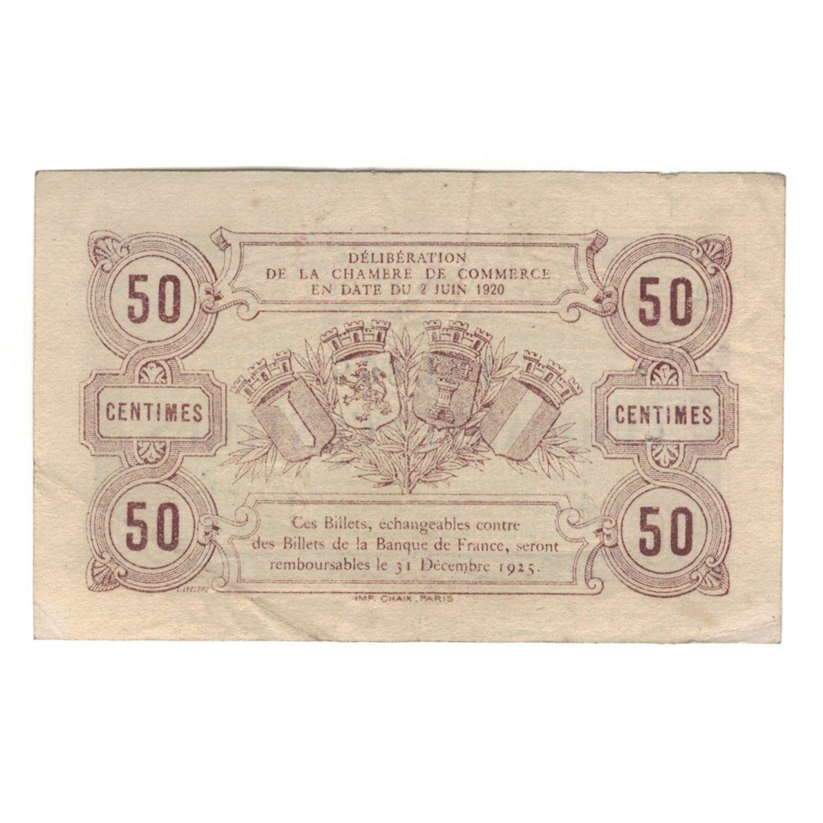 France, Beauvais, 50 Centimes, 1920, AU(55-58), Pirot:022.01