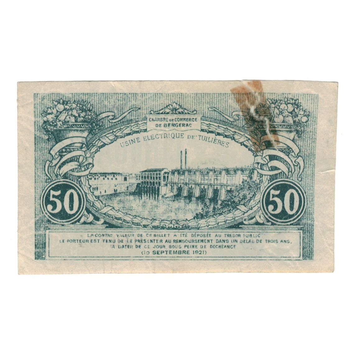 Francia, Bergerac, 50 Centimes, 1921, BC+, Pirot:024.038