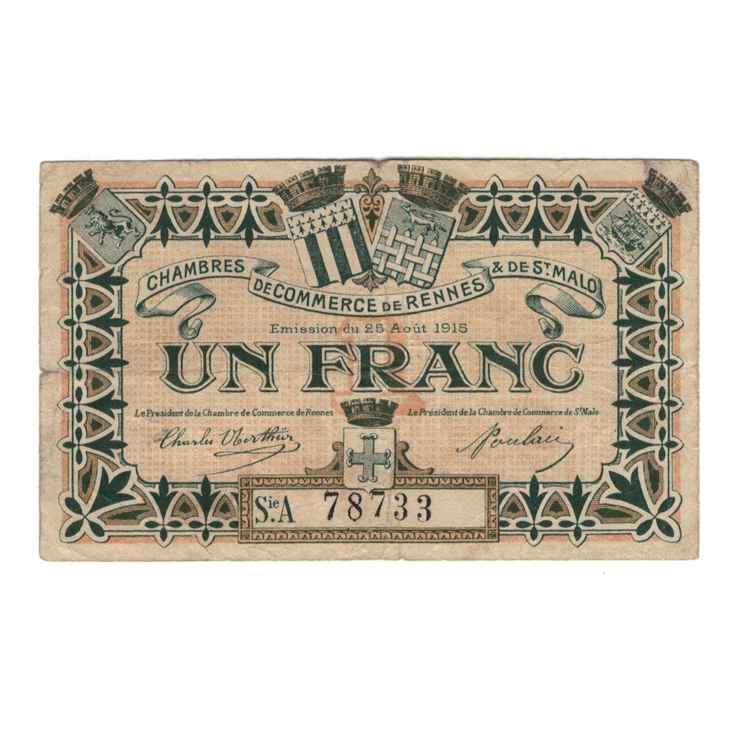 Francia, Rennes et Saint-Malo, 1 Franc, 1915, BB+, Pirot:105-6
