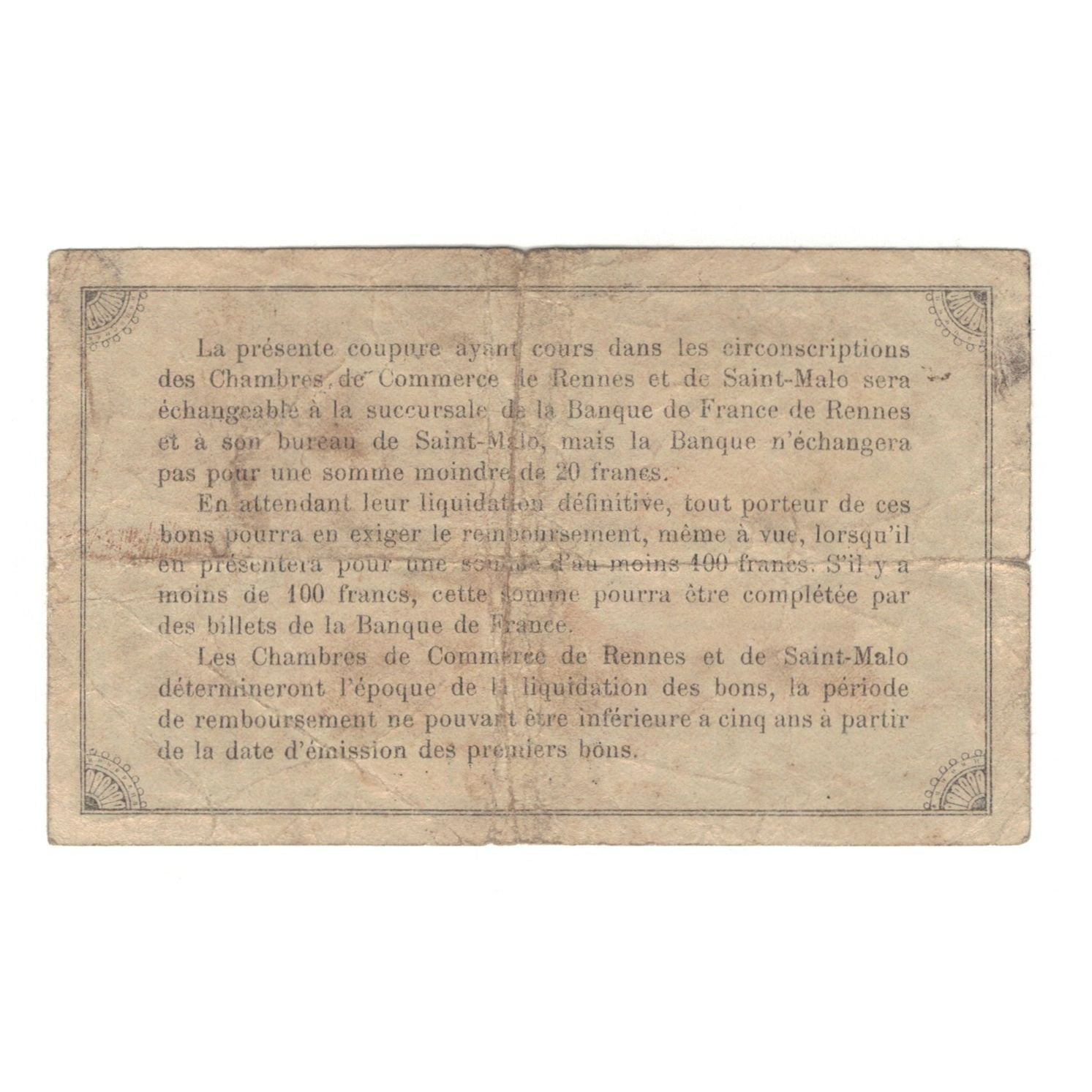Francia, Rennes et Saint-Malo, 1 Franc, 1915, BB+, Pirot:105-6