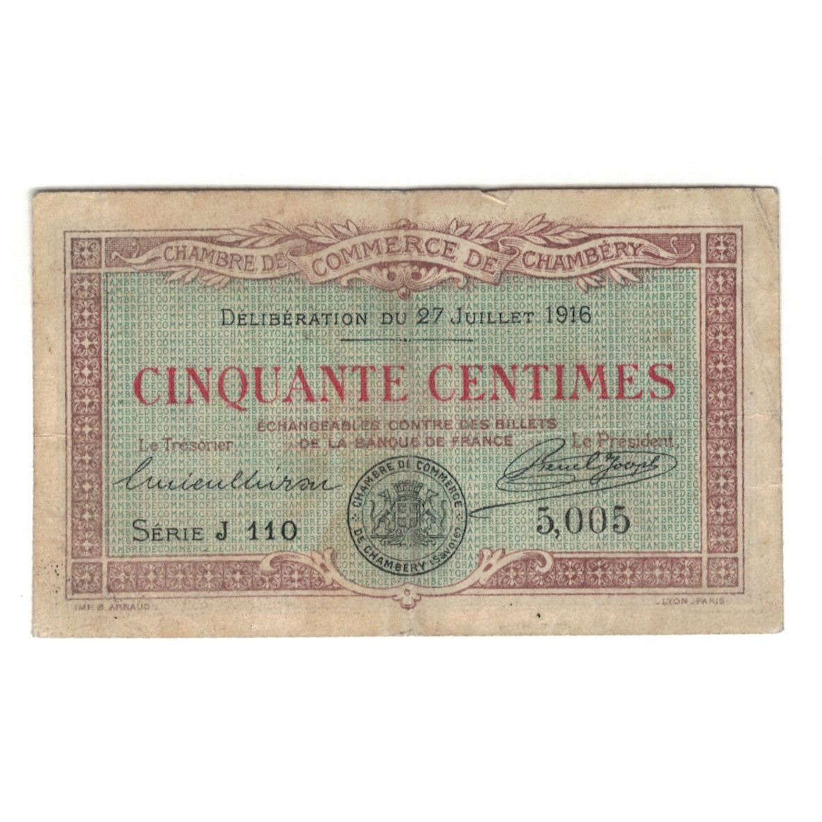 France, Chambéry, 50 Centimes, 1920, AU(55-58), Pirot:44-12