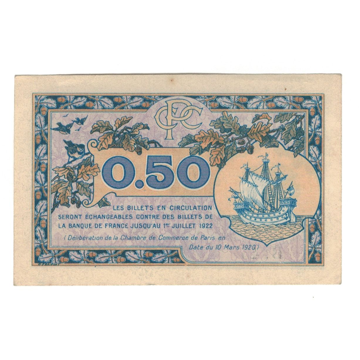 France, Paris, 50 Centimes, 1920, AU(55-58), Pirot:97-31