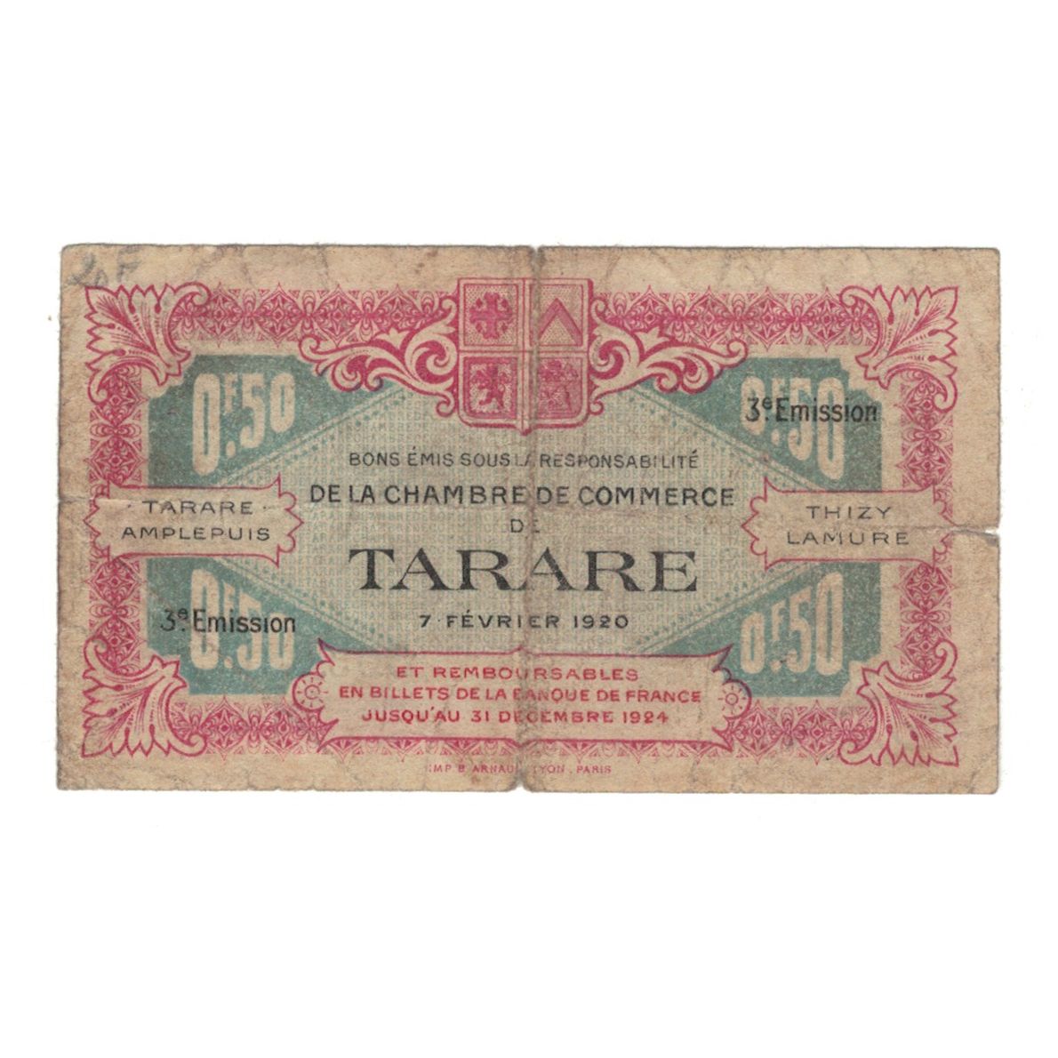France, Tarare, 50 Centimes, 1920, AU(55-58), Pirot:119-27