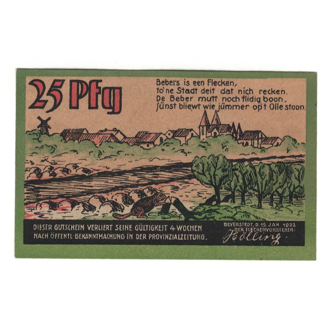 Banknote, Germany, Beverstedt Gemeinde, 25 Pfennig, village, 1922, 1922-01-15